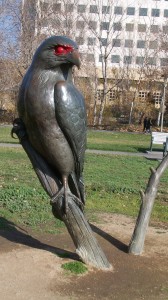 Giant hawk statue near Monopoly Board.