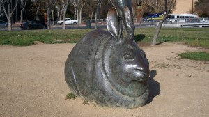 Giant bunny statue near Monopoly Board.