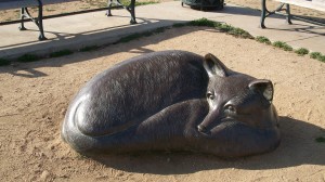 Not-giant fox statue near Monopoly Board.