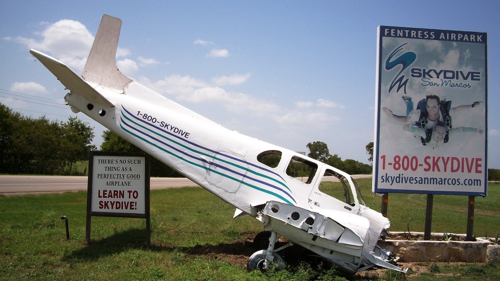 Crashed airplane as advertisement for skydiving. 